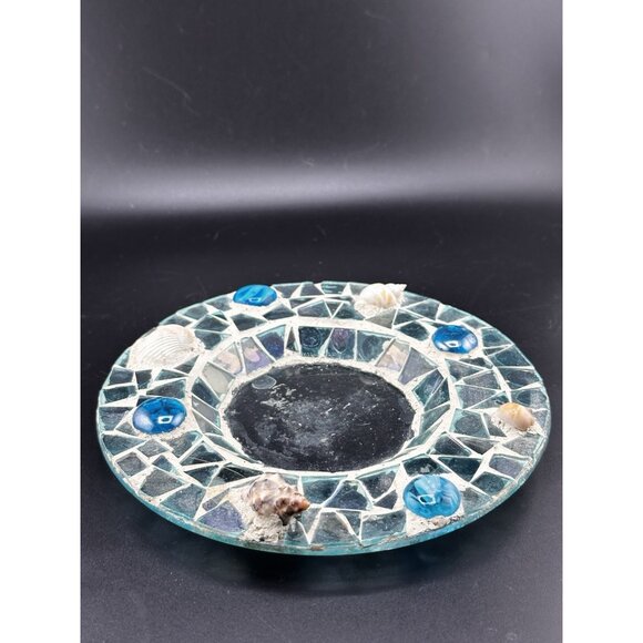 Blue Sea Glass Handmade Shells Cement Trinket Dish OOAK Mosaic 7” Round Pebbles - Picture 2 of 5